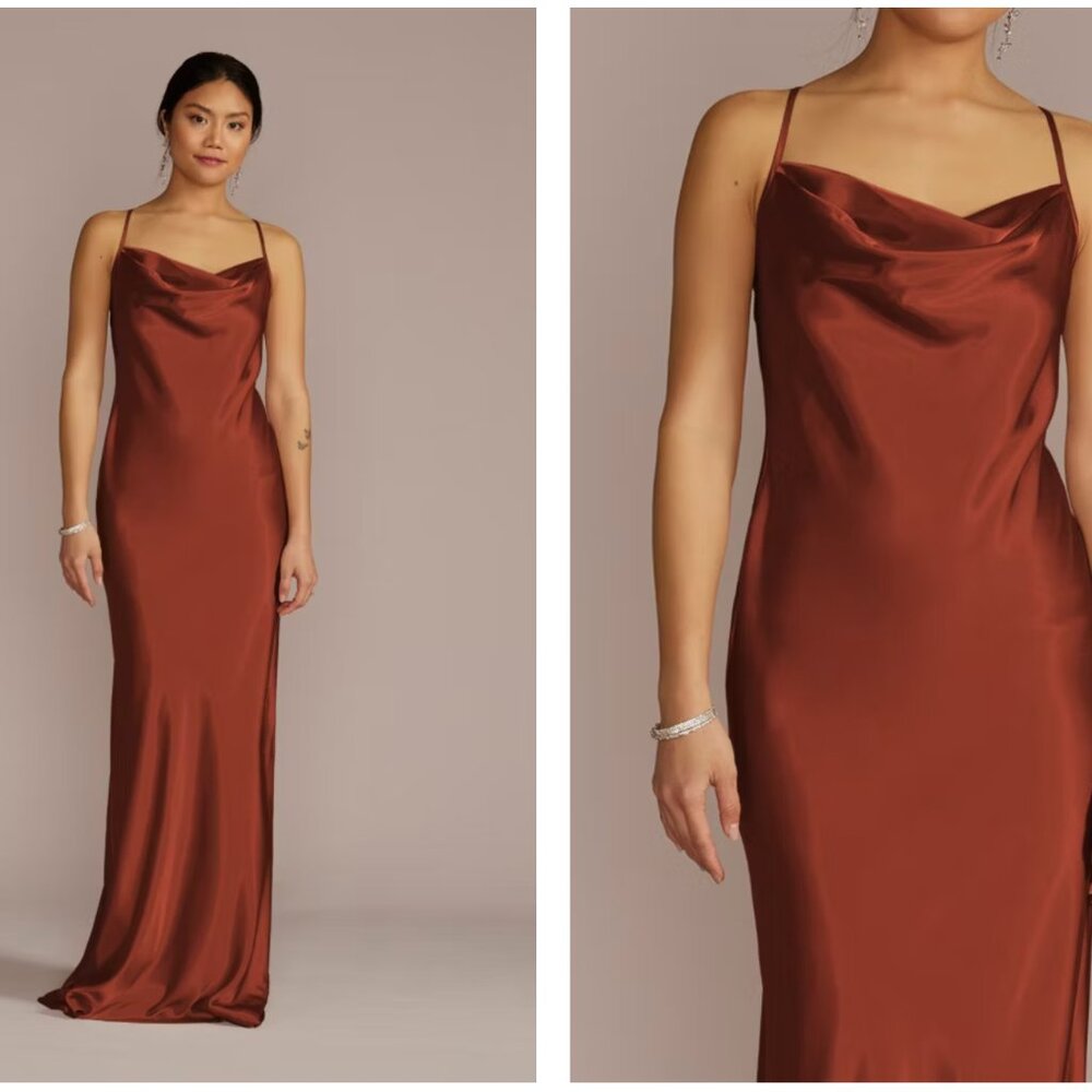 David's Bridal Charmeuse Cowl Neck Dress Cinnamon